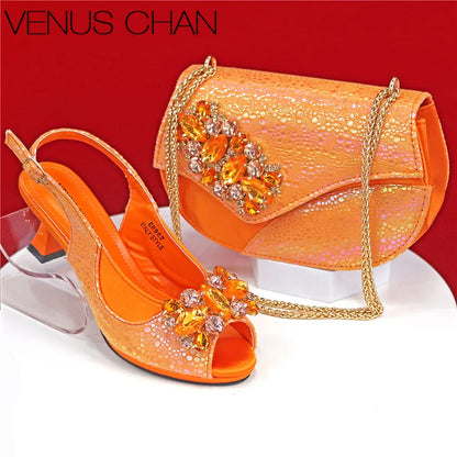 Elegant Orange Color 2025 Rhinestone High-Heels Shoes & Handbag Set – Luxury Wedding & Party Accessories