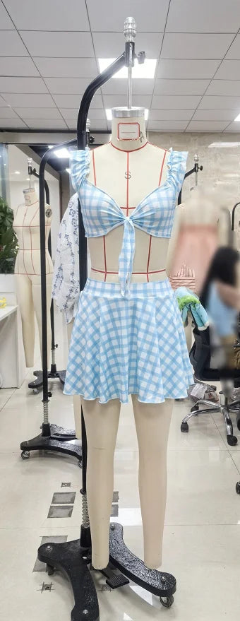 Combhasaki Halloween Dorothy Cosplay Costume Gingham 2 Piece Outfits Sleeveless Bow Tied Bra Tank Tops and Plaid Mini Skirt Set