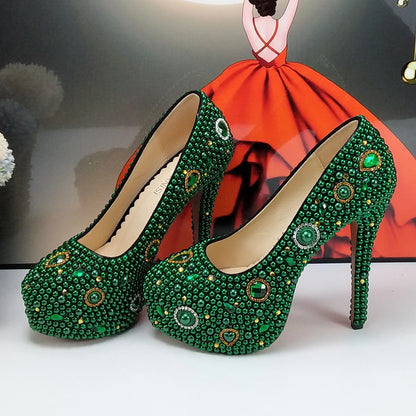 Fashion New Arrival Green Pearl Bridal Shoes and Bag Set Woman Party Dress Shoes Big Size Ankle Strap Buckle Shoes High Pumps