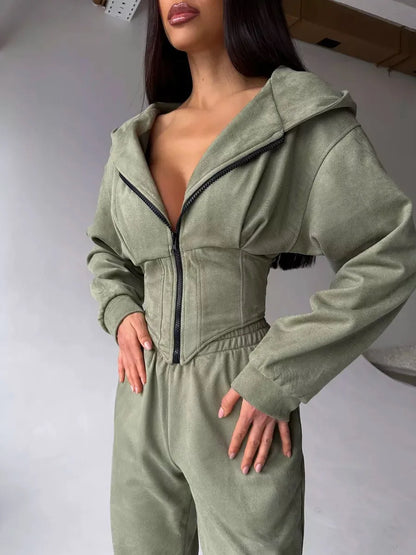 European and American Style Hooded Waist-Cinching Women's Set 2025 New Ins Trendy Brand Slimming Sporty Casual Women's Clothing