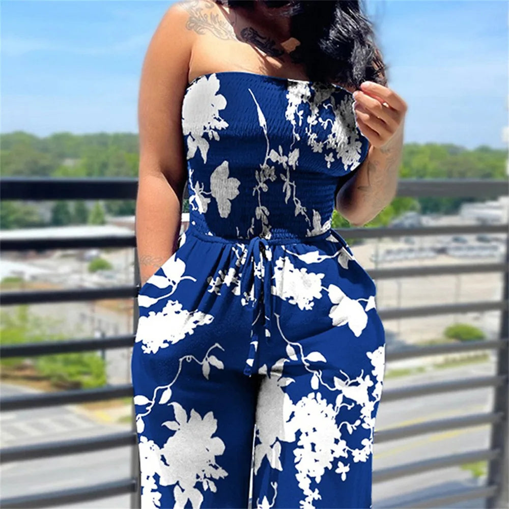 Women's Sexy Strapless One Piece Printed Pants Summer Fashion Lace Up High Waisted Slim Sleeveless Female Beach Holiday Jumpsuit
