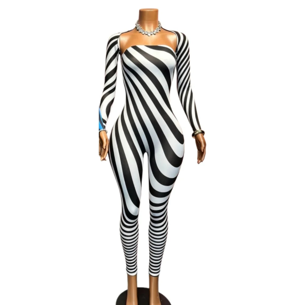 FAGADOER Women Striped Print 2 Piece Set Strapless Bodycon Jumpsuit + Long Sleeve Shrug Matching Tracksuits Club Y2K Streetwear
