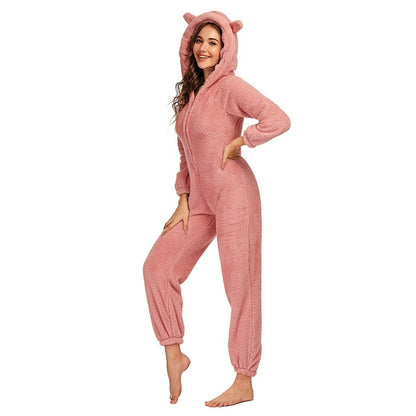 Women's Fleece Oneseies Zip Up Hooded Pajamas Rompers Cozy Sleepwear Pyjamas Autumn Winter Warm Loungewear Jumpsuit