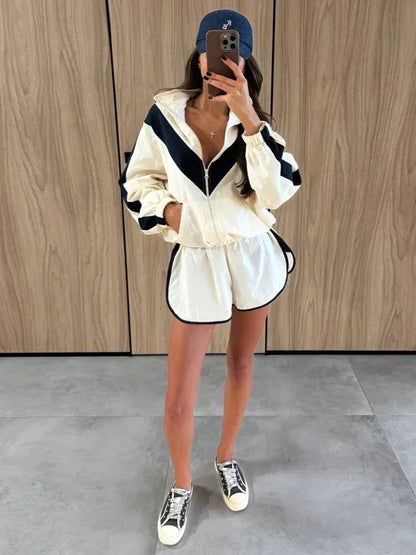 Chevron Stripe Windbreaker Tracksuit Women Casual Zip Cropped Jacket Contrast Trim Shorts Suit Lady Daily Jogging Street Outfit