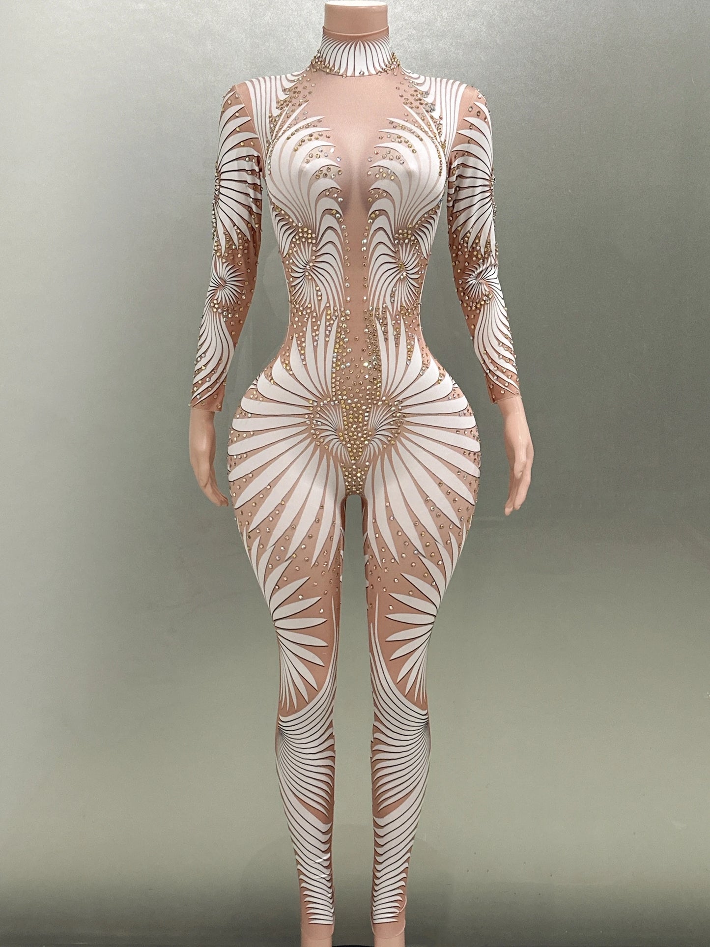White Printing Shinning Diamonds Sexy Elastic Sheath Long Jumpsuit Evening Party Performance Bar DJ Nightclub Singer Stage Wear