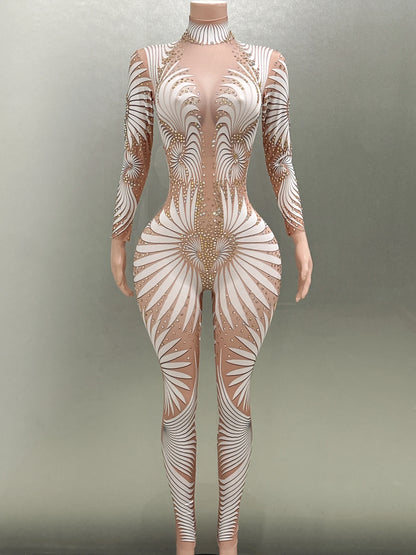 White Printing Shinning Diamonds Sexy Elastic Sheath Long Jumpsuit Evening Party Performance Bar DJ Nightclub Singer Stage Wear