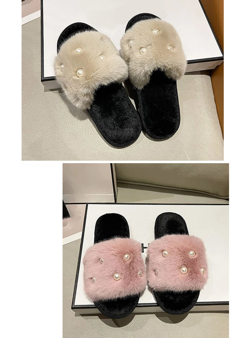 Perle Fluffy Slippers Home Winter Casual Designer Shoes Women 2025 New Luxury Indoor Plush Slides Girls Fashion Elegant Footwear