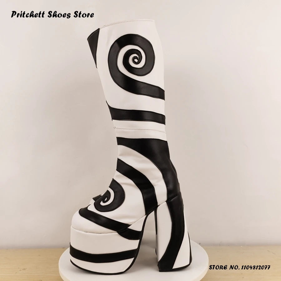 Patchwork Geometric Platform Knee Boots 2025 Spring Autumn Women's Height Increasing Shoes Round Toe Chunky Heel Western Boots