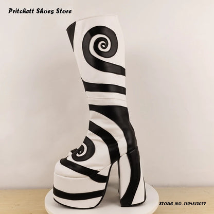 Patchwork Geometric Platform Knee Boots 2025 Spring Autumn Women's Height Increasing Shoes Round Toe Chunky Heel Western Boots