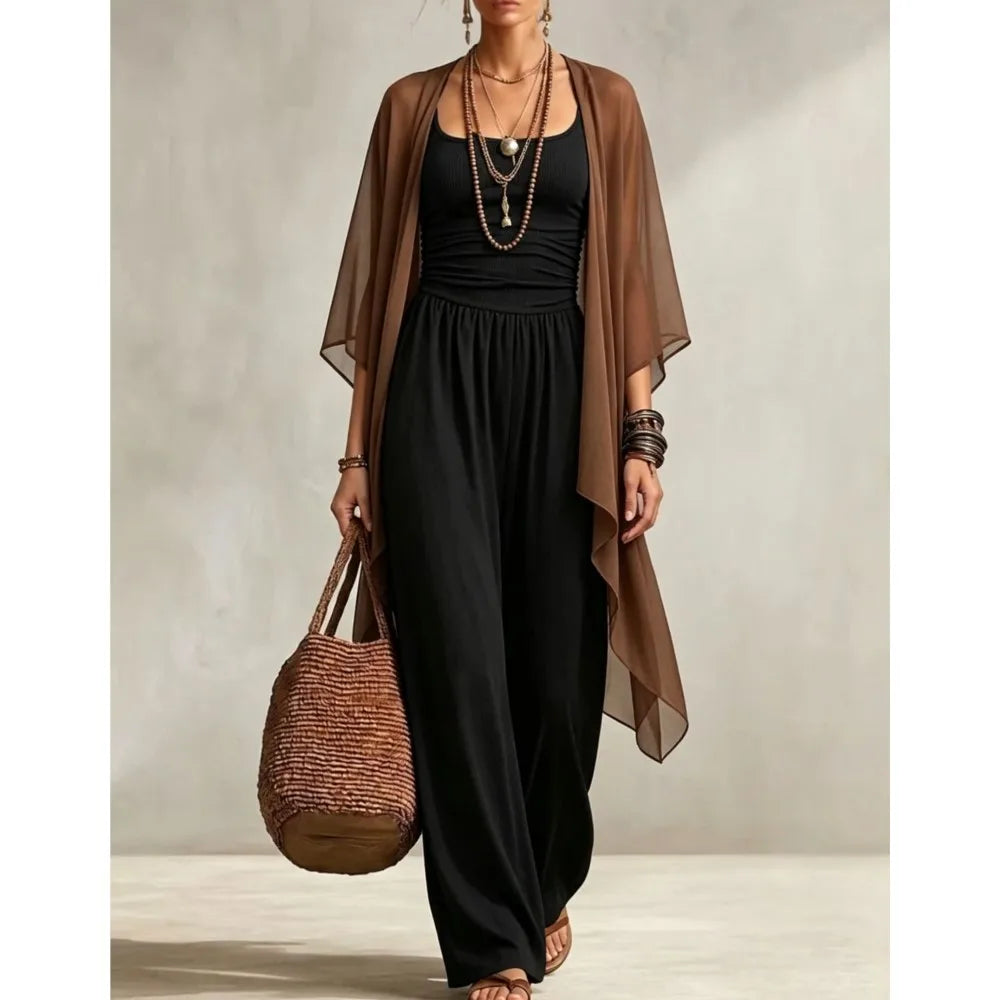 Summer New Sexy Bandeau One Piece Pants Set For Women's 2 Piece Casual Loose Fitting Wide-leg Pants Plus Shawl Tops Set Female