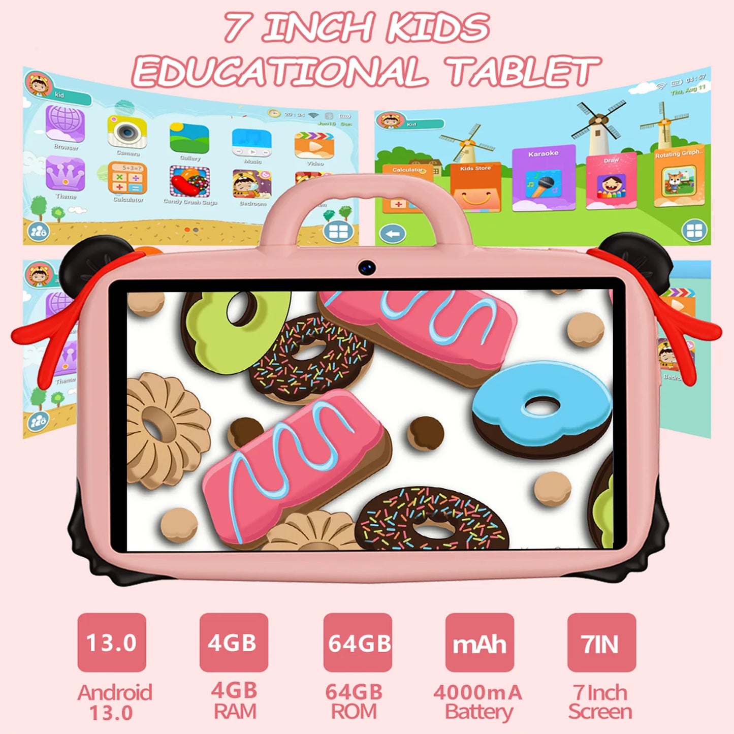 7 Inch New Cartoon Pattern Tablets For Study Education Games Children's Gifts 4GB+64GB ROM Quad Core Dual Cameras WiFi Tablet PC