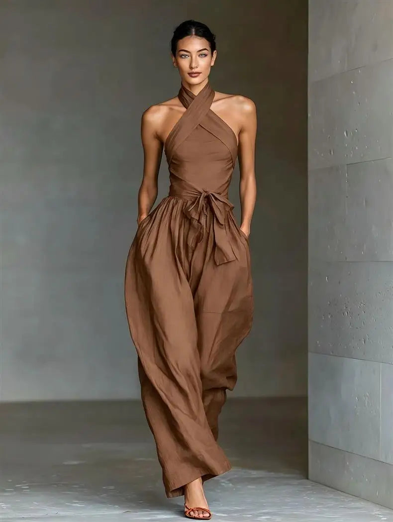 2026 High Waist Tie-up Wide Leg Pants Jumpsuit Woman Sexy Criss Cross Halter Backless Zips Romper Summer Solid Office Overalls
