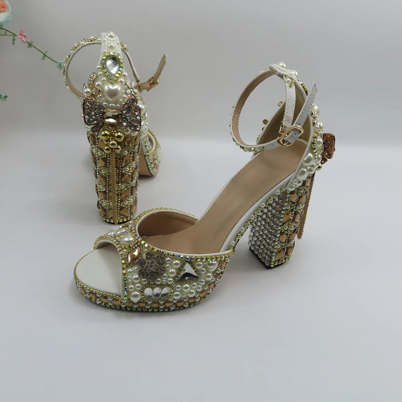 Luxury cyrstal wedding shoes with matching bags woman fashion Thick heel Women party dress shoes Fish beak Women shoes