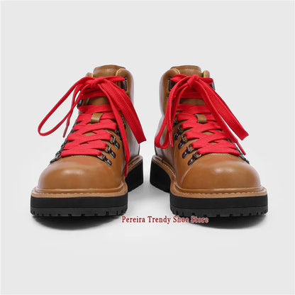 Brown Suede Platform Motorcycle Boots for Men Retro Thick Soled Round Toe Lace-Up Ankle Boots Autumn Winter New Men's Shoes