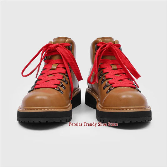 Brown Suede Platform Motorcycle Boots for Men Retro Thick Soled Round Toe Lace-Up Ankle Boots Autumn Winter New Men's Shoes