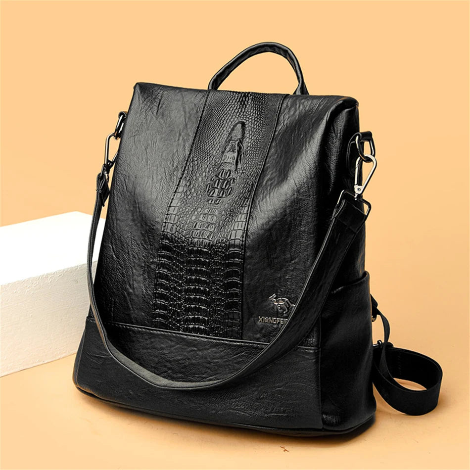 Women's Crocodile Pattern Backpack Leather School Bookbags for Girls Bagpack Large Capacity Designer Travel Rucksack Mochilas