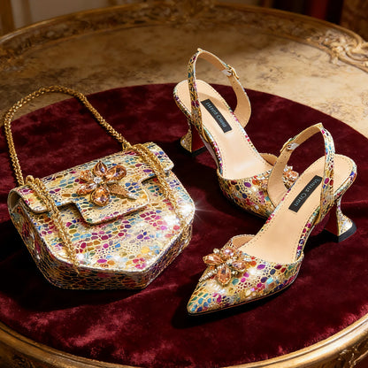 Venus Chan Elegant Rhinestone Heels & Matching Bag Set, Colorful Print Pointed Toe Block Heels for Banquet Club Night