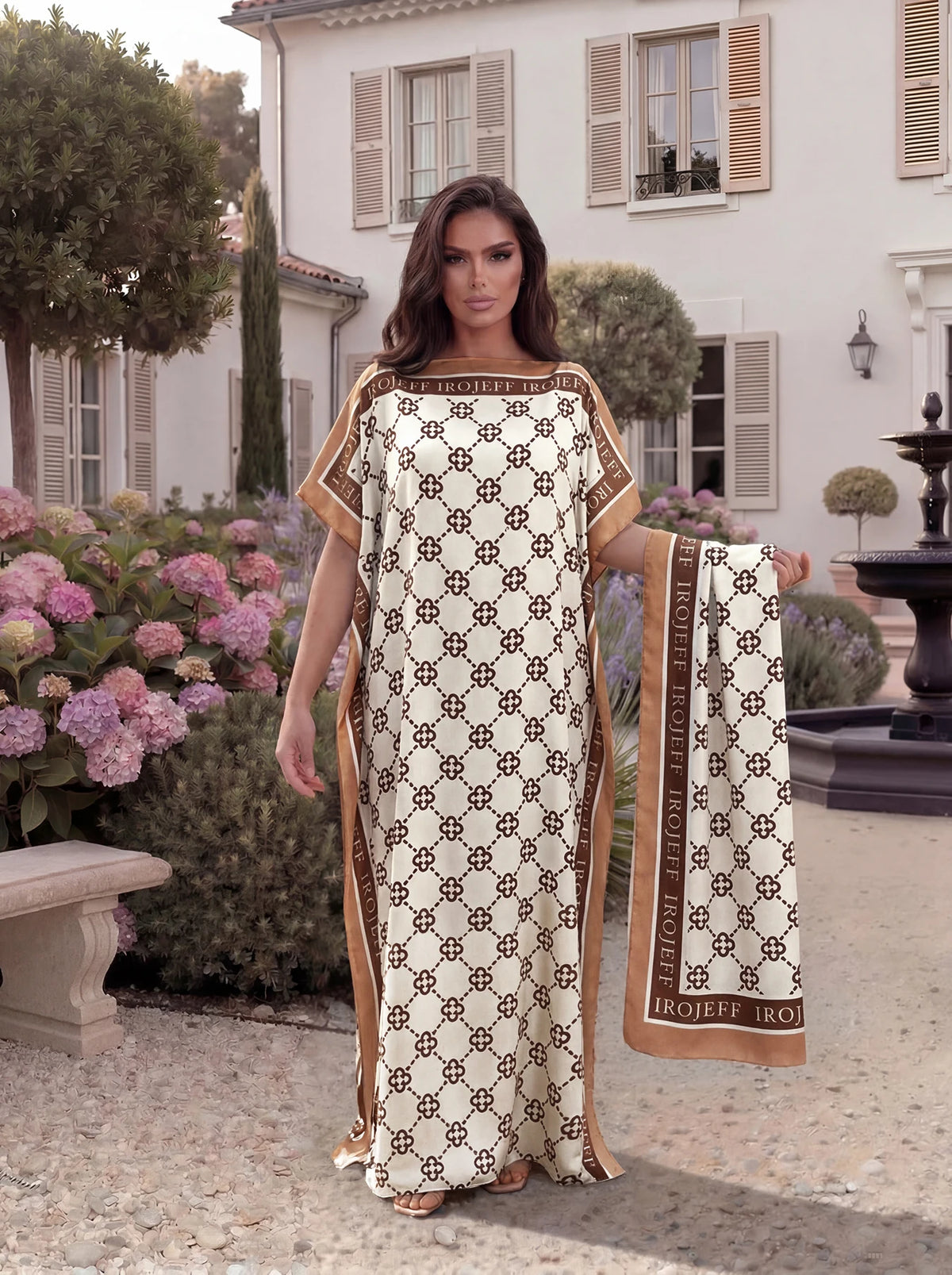 Luxury Geometric Lattice Print Satin Abaya Scarf Set, Loose Batwing Maxi Kaftan Dress for Muslim Women Summer Daily Holiday Wear