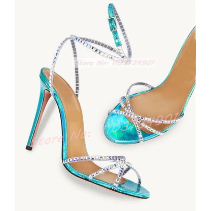 Shiny Leather Crystals Stiletto Sandals Women Ankle Strap Round Toe High Heels Shoes Ladies Luxury Elegant Sexy Party Sandals