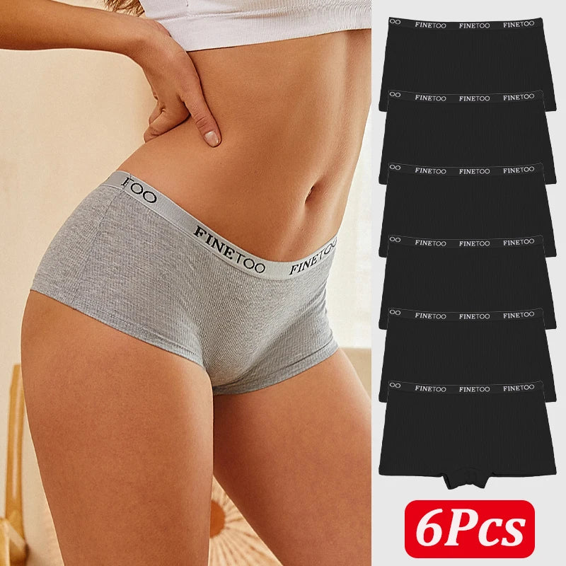 FINETOO 6PCS/Set Women Cotton Panties Female Boxer Boyshort Low Waist Letter Logo Sport Underwear Ladies Pants Intimate Lingerie