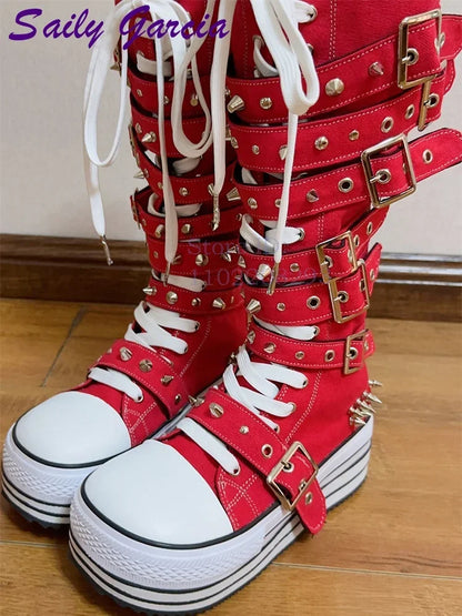 Festival Rave Orange Platform Boots Punk Rivet Buckle Straps Knee High Boots 2026 Fashion Thick Sole Women Shoes Party Footwear
