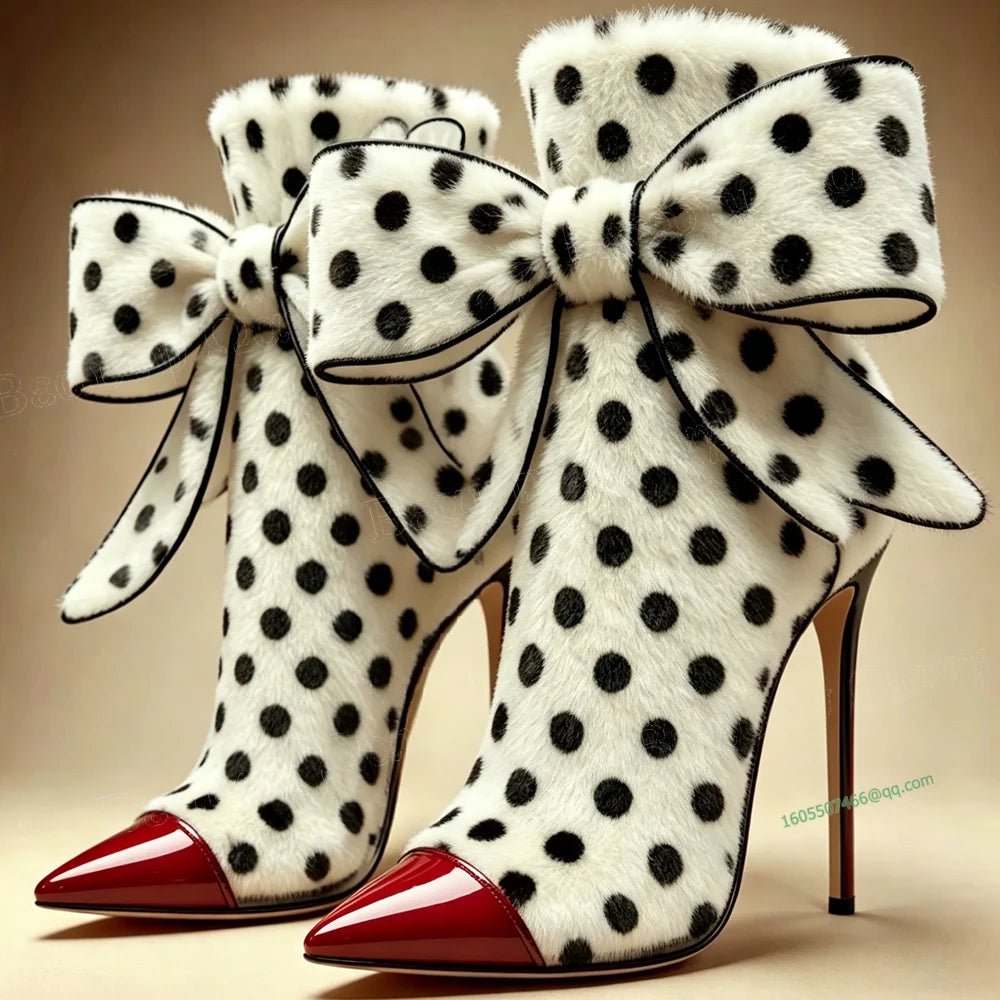 Black Toe Bow Knot Ankle Boots Polka Dots Front Pointed Toe Thin Heels Shoes High Heel Shoes for Women New Zapatos Para Mujere