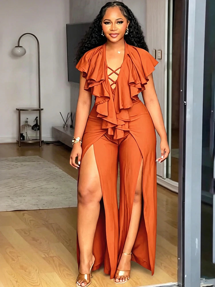 Plus Size Jumpsuit Woman Sexy Ruffle Trim Jumpsuit Deep V Neck Cross Lace Up High Slit Ladies Wide Leg Jumpsuit Dress Loungewear