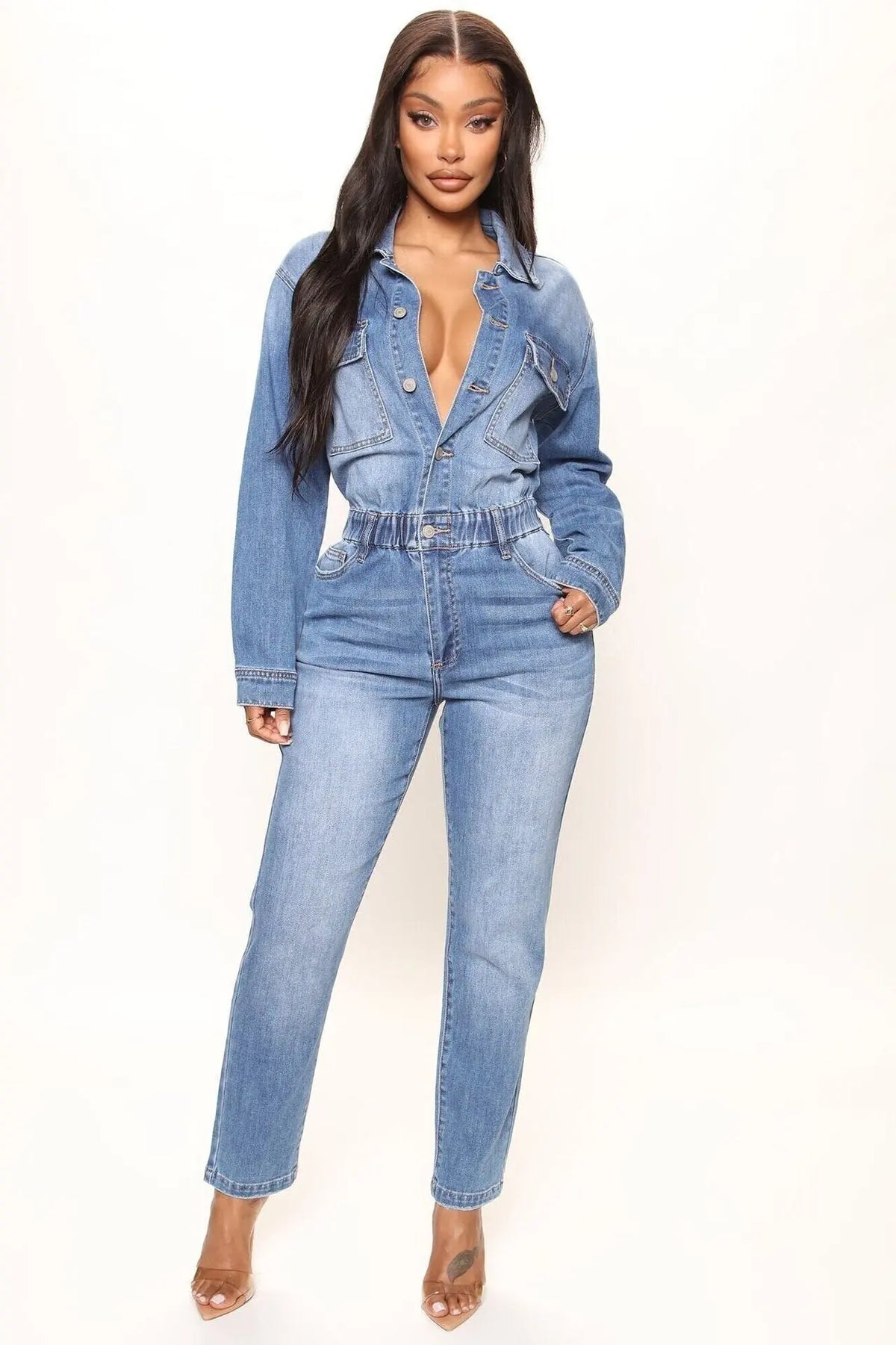 Women Autumn Turn Down Collar Loose One Piece Full Sleeve Tight High Waist Overalls Slim Denim Jumpsuits Long Pants Rompers