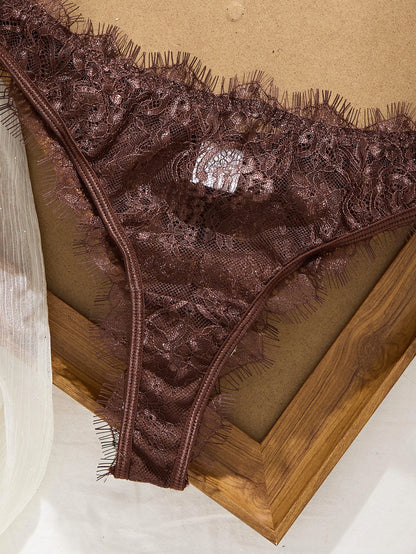 Ladies' Basic Style Thin Lace Bra And Panty Set Seamless Single Layer Eyelet Underwear Comfortable Intimate Apparel