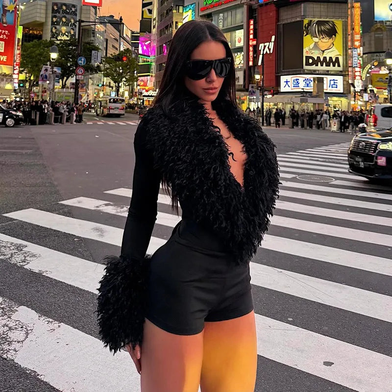 Ticketsx Sexy Tight Corsets Bodysuit For Women Faux Fur Deep V-neck Long Sleeve Slim New Lady Solid Rompers Streetwear Playsuits