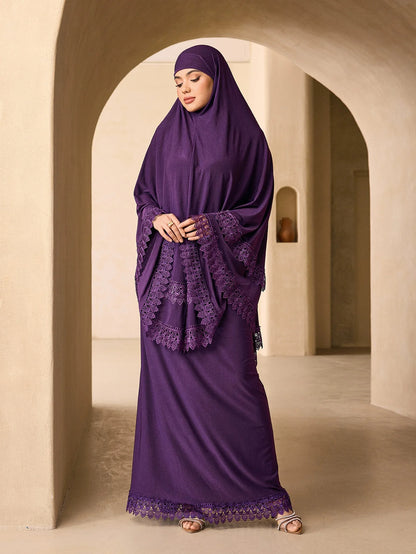 Elegant Multi Layer Lace Trim Khimar Abaya Two Piece Set, Modest Prayer Long Dress For Muslim Women Eid Daily Religious Wear