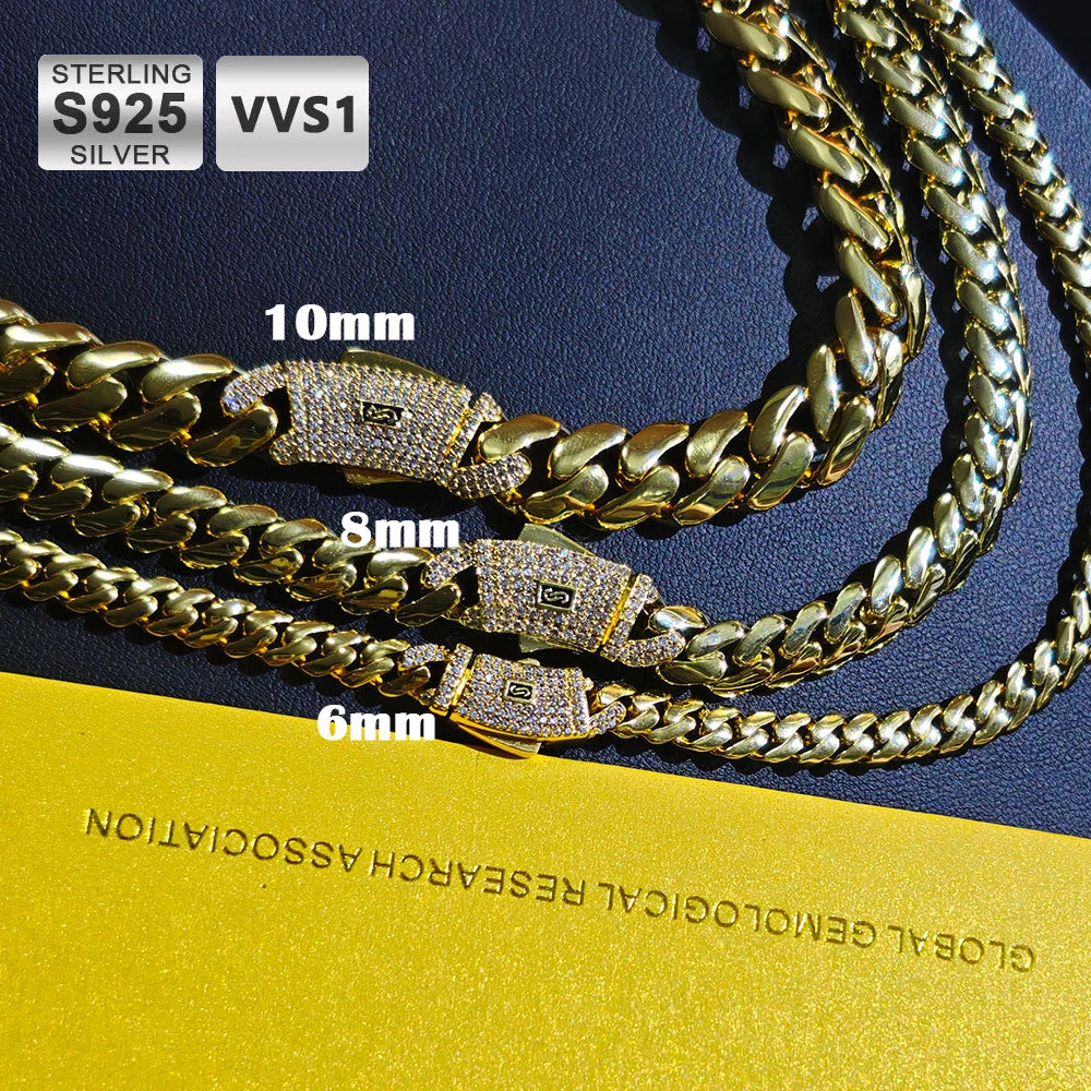 NY Real 14K Gold Plated Moissanite Monaco Chain 925 Silver 6/8/10mm Iced Out VVS Button Smooth Cuban Link Necklace Men Gift