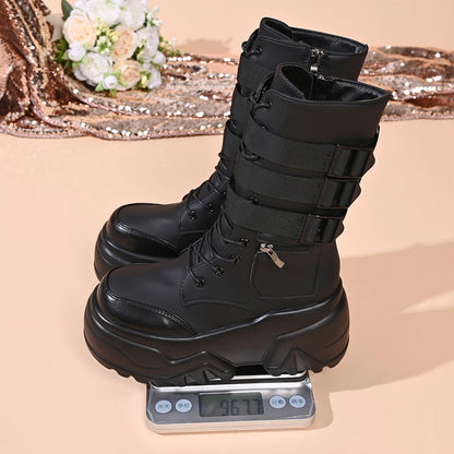 Punk Style Thick Bottom Women's Black Short Boots Side Zip Buckle Straps Platform Shoes for Women Zapatos De Mujer Size 35-42