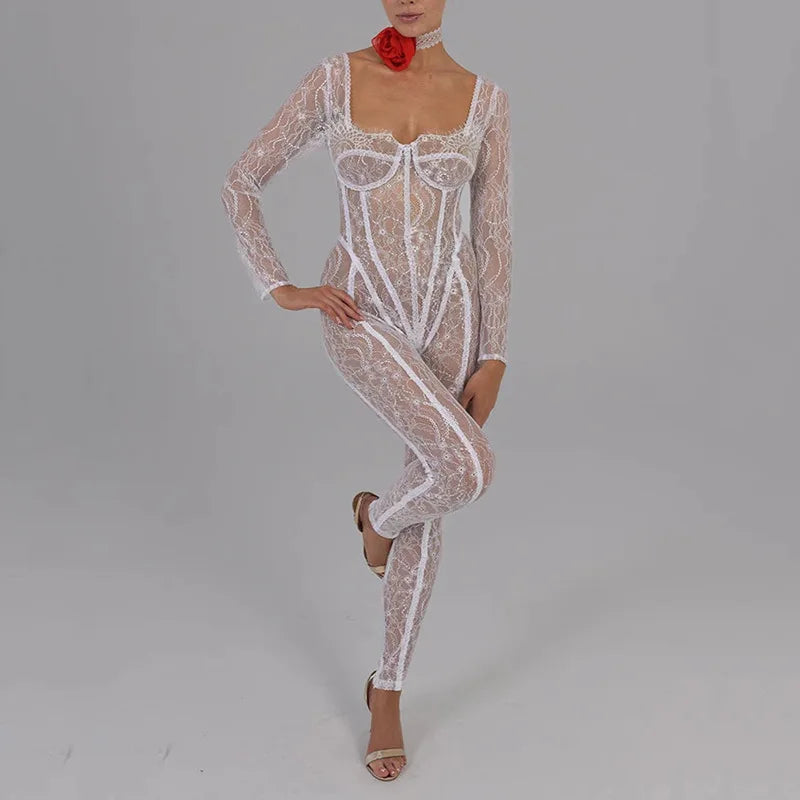 Cryptographic Sheer Lace Hollow Out Sexy Jumpsuits Zip Up Backless Outfits Women Unitards Square Neck Romper Overalls One Piece