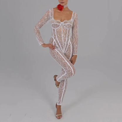 Cryptographic Sheer Lace Hollow Out Sexy Jumpsuits Zip Up Backless Outfits Women Unitards Square Neck Romper Overalls One Piece