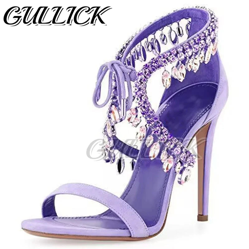 Rhinestones Heeled Sandals Crystal Heels Open Toe One Strap Women Luxury Designer Shoes Summer Elegant Sandalias De Mujer 2025