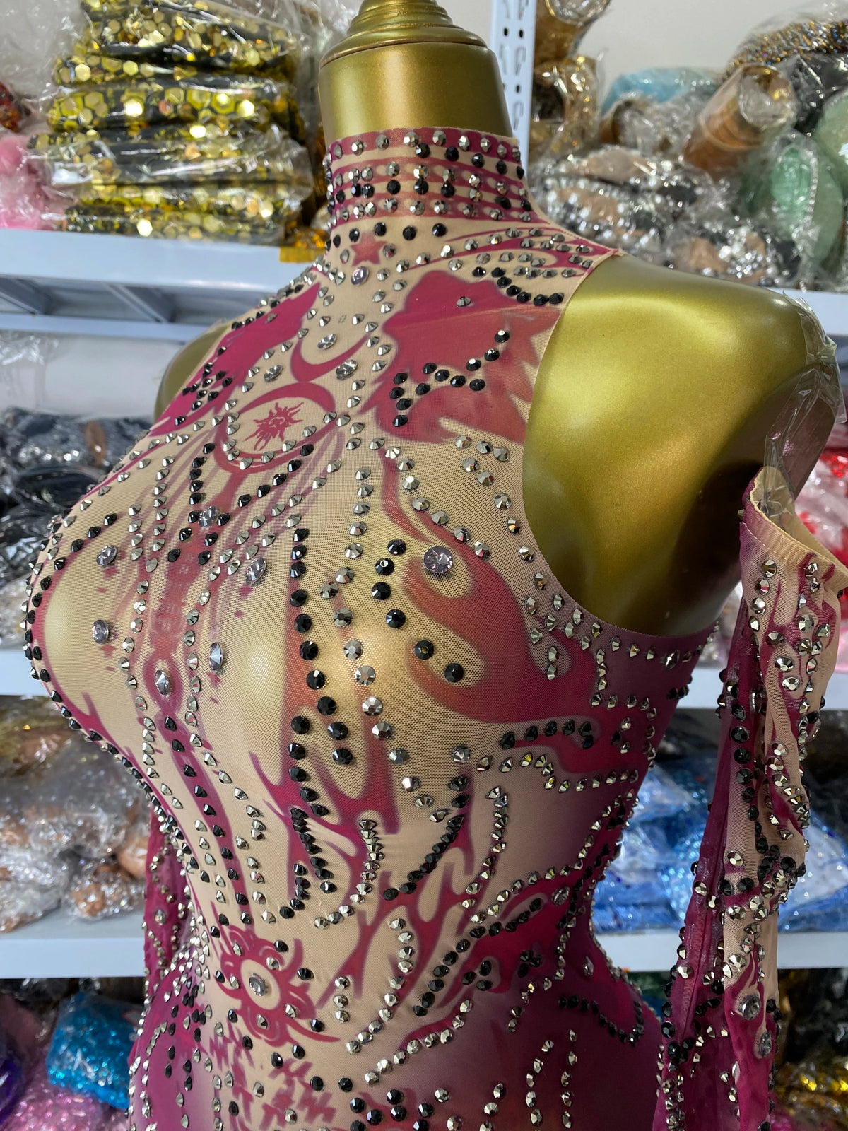 Sparkly Rhinestones Printed Mesh Bodycon Jumpsuits With Sleeves High Stretchable See Through Nightclub Performance Costumes