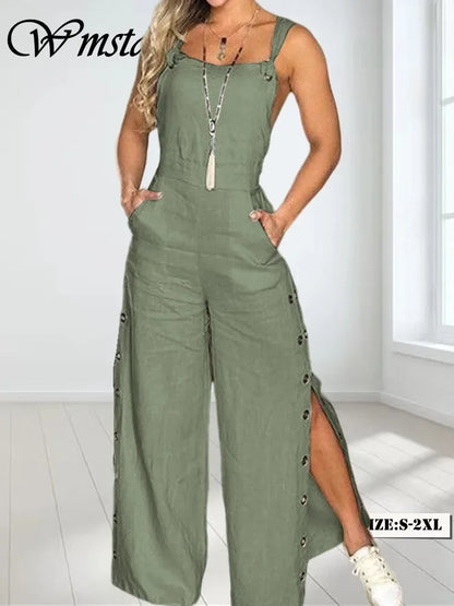 Wmstar Jumpsuit Women Clothing Slip Sleeve Romper Button Side Slip Hem New in Fall Fashion Pockets Pants Wholesale Dropshipping