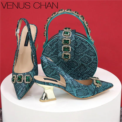 Newest Style Teal Sky Color Platform Design Peep Toe Ladies Shoes Matching Bag Set For Mature Women Heel Party Pump
