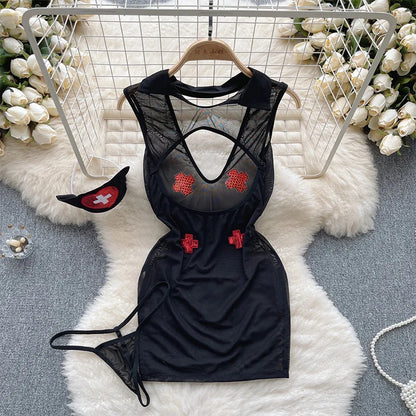 Summer Girls Sexy Hot Sweet Transparent Suspender Mini Dress Women Elastic Waist And Backless Strap Lolita Pajamas Bubble Skirt