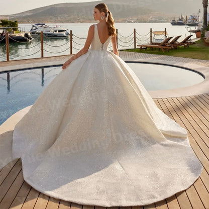 Luxurious Sparkling A Line Women's Wedding Dresses Shiny Princess Bride Gowns Backless Customized Sleeveless Vestidos Para Mujer