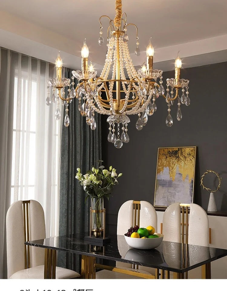 European Living Room Gold Candle E14 Chandelier Luxury Crystal Pearl Led Pendant Lights Villa Decor Led Suspend Lamp Luminarias