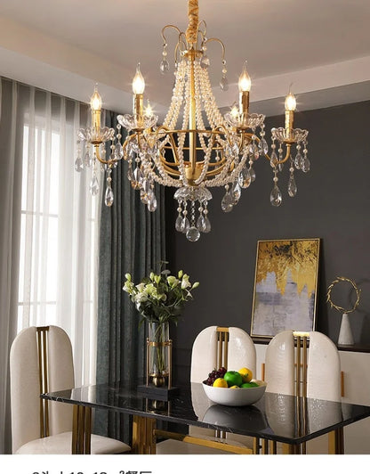 European Living Room Gold Candle E14 Chandelier Luxury Crystal Pearl Led Pendant Lights Villa Decor Led Suspend Lamp Luminarias
