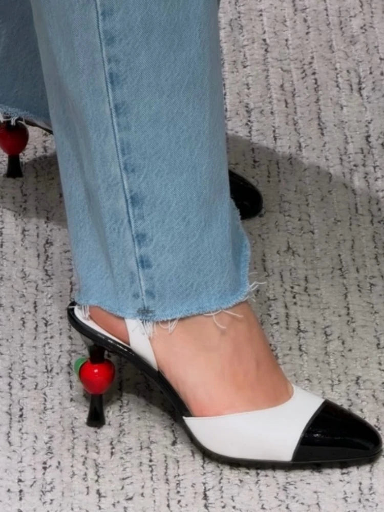 2026 Summer New Elegant Female Shoes Patchwork Pointed-Toe Stiletto Heels Sandals Luxury Trendy Back Strap Cherry High Heels 9cm