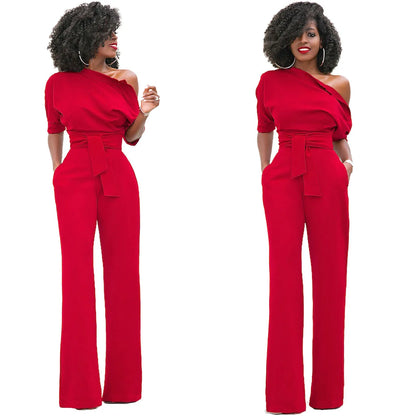 High Quality 2025 Spring Women's Casual Jumpsuits One Shoulder Slash Neck Button Romper Full Length Jumpsuit Wide Legs Jumpsuit