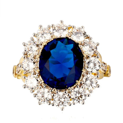 Luxury Oval Blue Zircon Ring for Women Sparkling Golden Color Solitaire Finger Rings Romantic Jewelry Wedding Anniversary Gift