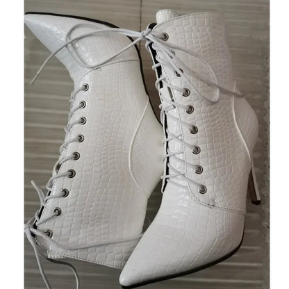 Sexy Ankle Cowboy Boots For Women Dance Shoes Fashion Snake Red White Black High Heels Lace Up Short Boot Autumn Large Size