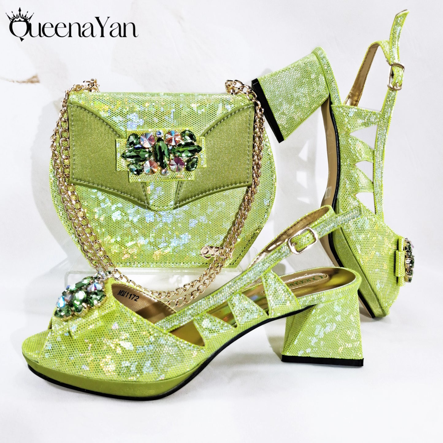 Queena Yan New Arrival  Special Synthetic Fabrics Design Teal Color Women's Matching Shoe and Bag Set  for Weddings and Parties