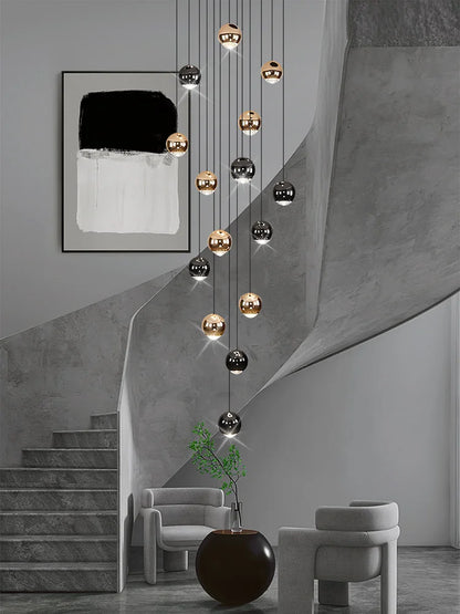 Nordic Circular Chandelier Indoor Lighting Modern Chandelier Gold And Black Mixed High Loft Chandelier LED Staircase Chandelier
