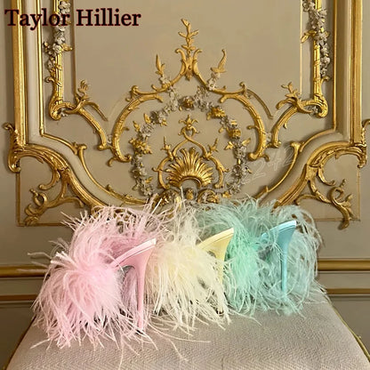 Women'S Summer Fur Slippers Round Toe Stiletto Shallow Mouth Fashion Shoes Elegant Nightclub Party Fashion Luxury Sandals 46